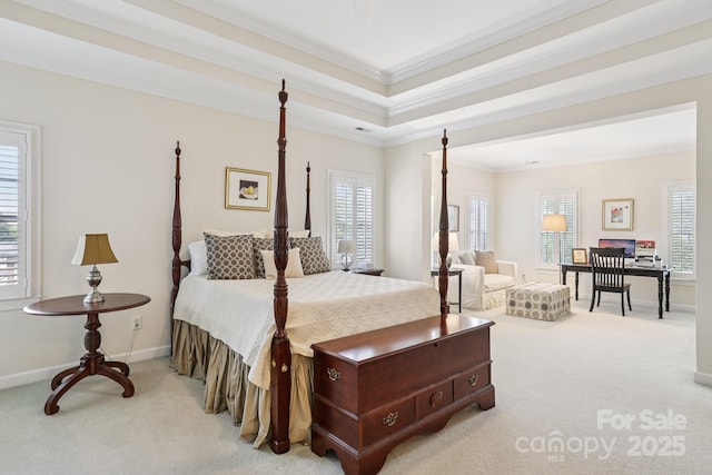 11103 Fountaingrove Dr, Charlotte, NC 28262 - bedroom featuring carpet flooring, ornamental molding, multiple windows, baseboards, and a raised ceiling