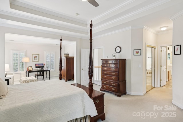 11103 Fountaingrove Dr, Charlotte, NC 28262 - bedroom featuring crown molding, baseboards, light colored carpet, ensuite bath, and ceiling fan