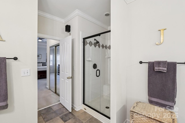 11103 Fountaingrove Dr, Charlotte, NC 28262 - full bathroom with ornamental molding, a stall shower, baseboards, and ensuite bathroom