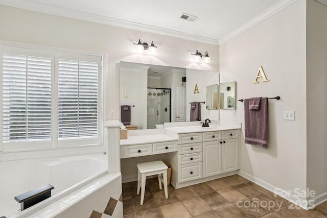 11103 Fountaingrove Dr, Charlotte, NC 28262 - full bathroom with vanity, a garden tub, a stall shower, crown molding, and baseboards