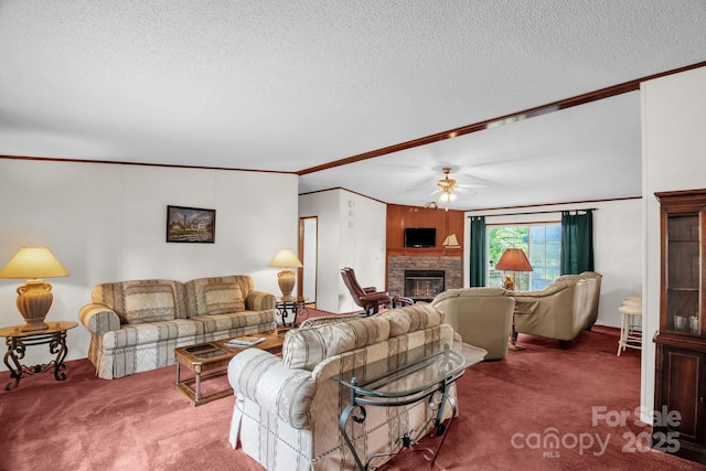 7232 Executive Cir, Denver, NC 28037 - living room with a textured ceiling, carpet, a glass covered fireplace, crown molding, and a ceiling fan