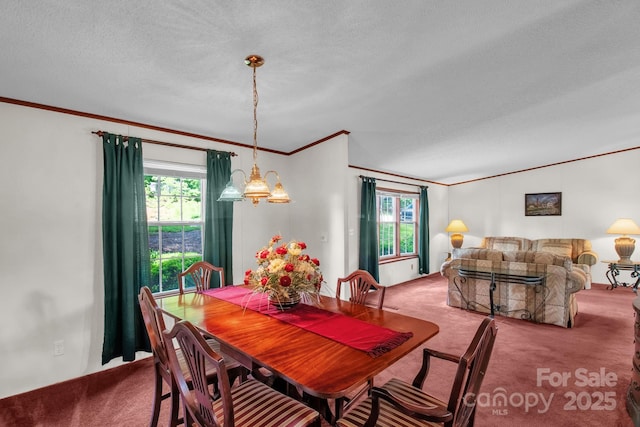 7232 Executive Cir, Denver, NC 28037 - dining room featuring carpet flooring, crown molding, a textured ceiling, and a chandelier