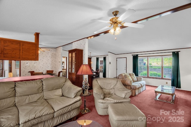 7232 Executive Cir, Denver, NC 28037 - living area with a ceiling fan, carpet flooring, vaulted ceiling, and wallpapered walls