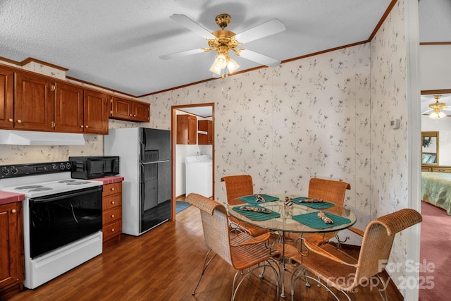 7232 Executive Cir, Denver, NC 28037 - kitchen featuring white range with electric cooktop, under cabinet range hood, washer / clothes dryer, wallpapered walls, and a ceiling fan