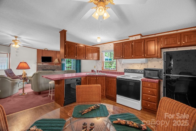 7232 Executive Cir, Denver, NC 28037 - kitchen with black appliances, ceiling fan, tile countertops, under cabinet range hood, and a sink