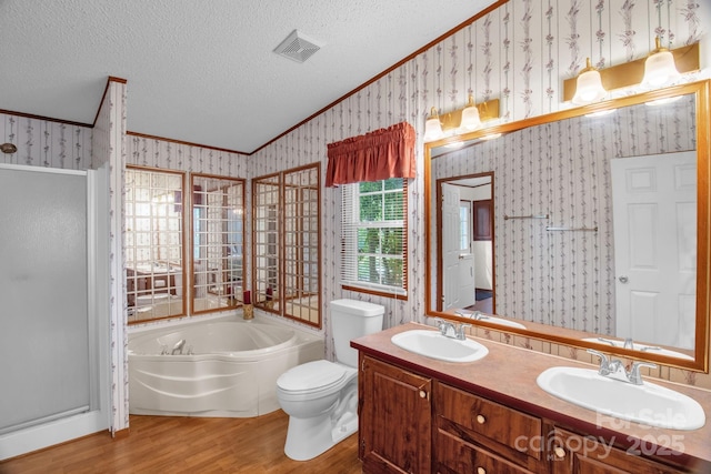 7232 Executive Cir, Denver, NC 28037 - full bath featuring wallpapered walls, ornamental molding, wood finished floors, a textured ceiling, and a shower stall