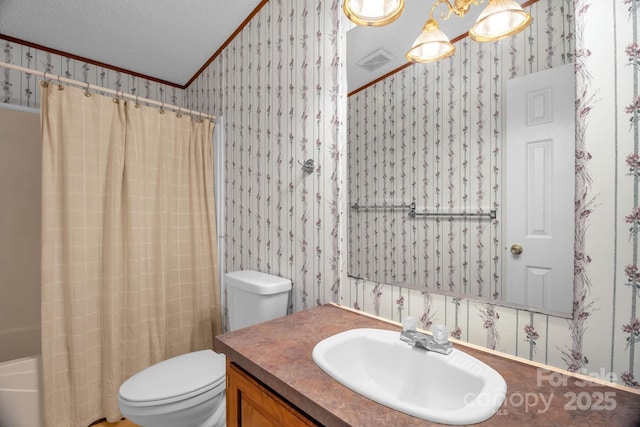 7232 Executive Cir, Denver, NC 28037 - bathroom featuring wallpapered walls, toilet, vanity, crown molding, and shower / tub combo with curtain