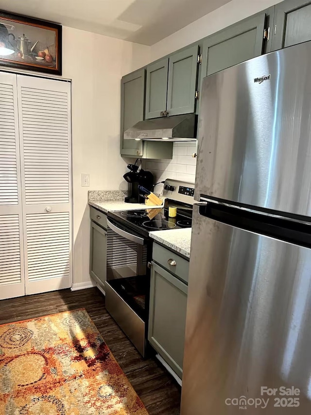 229 Windsor Point Rd Unit 6D, Columbia, SC 29223 - kitchen with appliances with stainless steel finishes, under cabinet range hood, dark wood-style floors, gray cabinets, and tasteful backsplash