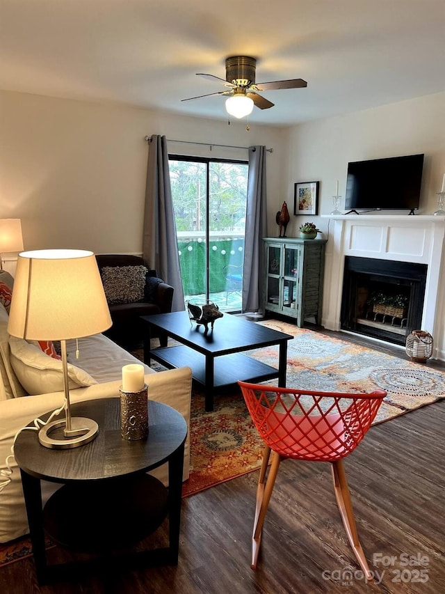 229 Windsor Point Rd Unit 6D, Columbia, SC 29223 - living area featuring wood finished floors, a fireplace, and a ceiling fan