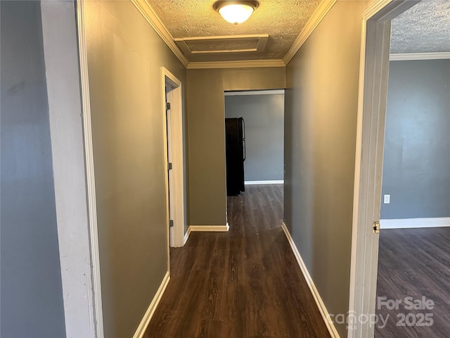303 Southern Ave, East Spencer, NC 28039 - hall with attic access, wood finished floors, a textured ceiling, baseboards, and crown molding