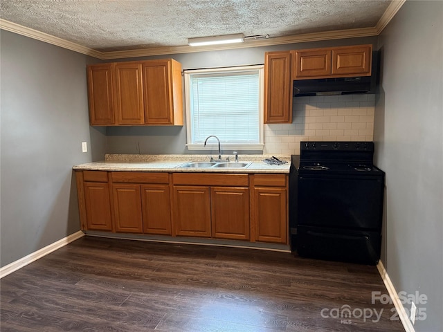 303 Southern Ave, East Spencer, NC 28039 - kitchen with electric range, a sink, under cabinet range hood, ornamental molding, and brown cabinets