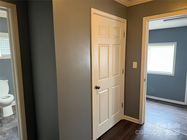 303 Southern Ave, East Spencer, NC 28039 - corridor featuring ornamental molding, healthy amount of natural light, baseboards, and dark wood-style flooring
