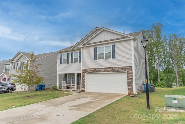 2859 Sherrills Stream Dr, Sherrills Ford, NC 28673 - view of front of property featuring stone siding, a garage, driveway, and a front lawn