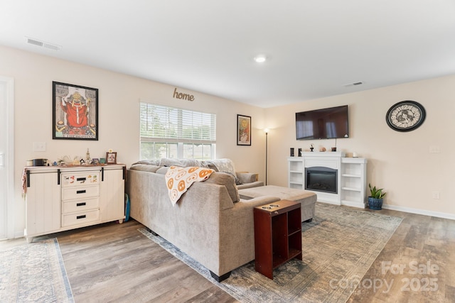 2859 Sherrills Stream Dr, Sherrills Ford, NC 28673 - living room featuring light wood finished floors, a glass covered fireplace, and baseboards