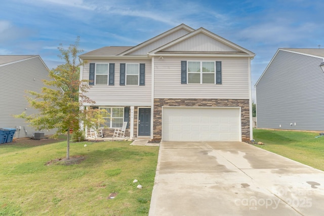 2859 Sherrills Stream Dr, Sherrills Ford, NC 28673 - view of front of house with stone siding, covered porch, a front lawn, an attached garage, and concrete driveway