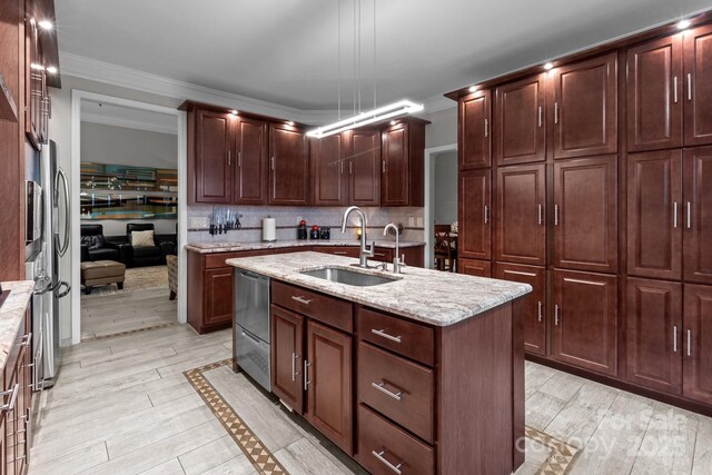 1525 Valhalla Dr, Denver, NC 28037 - kitchen with a sink, an island with sink, light wood-style floors, dishwasher, and light stone counters
