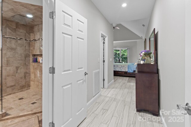 1525 Valhalla Dr, Denver, NC 28037 - hall featuring baseboards, lofted ceiling, and recessed lighting