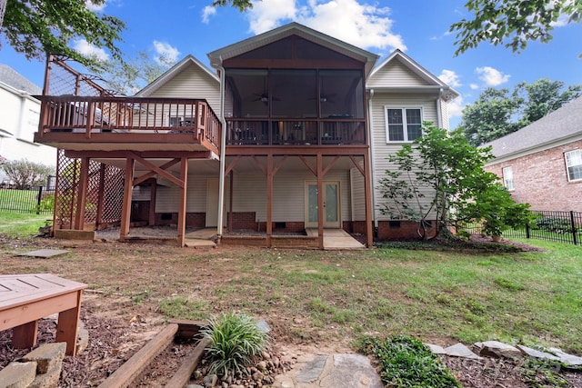 1525 Valhalla Dr, Denver, NC 28037 - rear view of property with a wooden deck, french doors, crawl space, a sunroom, and ceiling fan