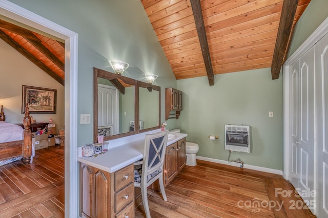 164 Avery County High School Rd, Newland, NC 28657 - bathroom featuring wooden ceiling, heating unit, hardwood / wood-style flooring, toilet, and vanity