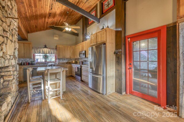 164 Avery County High School Rd, Newland, NC 28657 - kitchen with appliances with stainless steel finishes, wood ceiling with exposed beams, high vaulted ceiling, wood-type flooring, and backsplash