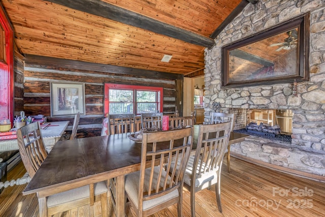 164 Avery County High School Rd, Newland, NC 28657 - dining space featuring wood-type flooring, wood ceiling, and a ceiling fan