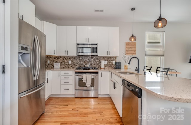 925 Westbrook Dr Unit B, Charlotte, NC 28202 - kitchen featuring appliances with stainless steel finishes, a sink, light wood-style flooring, tasteful backsplash, and decorative light fixtures