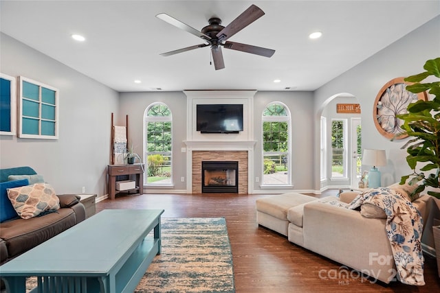 147 Whitley Mills Rd, Fort Mill, SC 29708 - living room with healthy amount of natural light, ceiling fan, wood finished floors, recessed lighting, and a fireplace