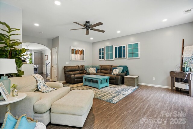 147 Whitley Mills Rd, Fort Mill, SC 29708 - living room featuring ceiling fan, baseboards, arched walkways, wood finished floors, and recessed lighting