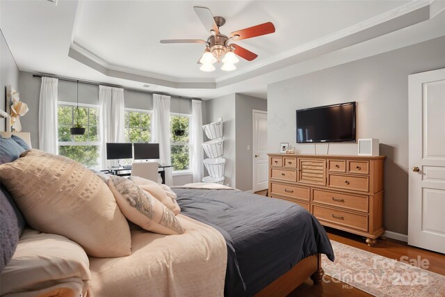 147 Whitley Mills Rd, Fort Mill, SC 29708 - bedroom featuring a tray ceiling, wood finished floors, ceiling fan, and baseboards