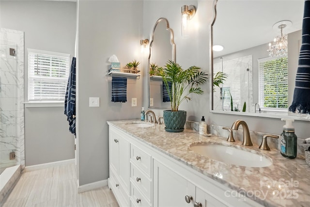 147 Whitley Mills Rd, Fort Mill, SC 29708 - full bathroom with a shower stall, double vanity, plenty of natural light, and baseboards