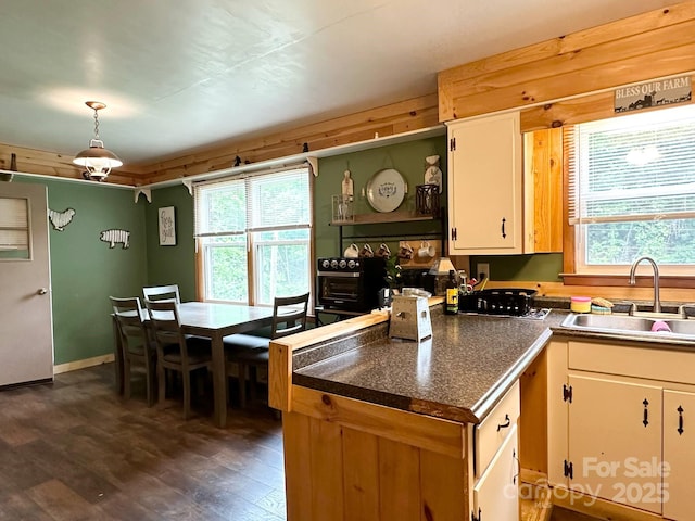 3503 Wyndham Ln, Lenoir, NC 28645 - kitchen featuring a sink, dark wood-type flooring, pendant lighting, dark countertops, and white cabinetry
