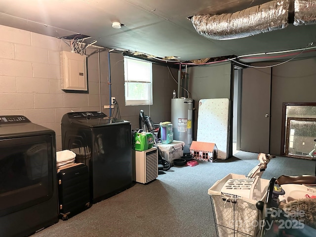 3503 Wyndham Ln, Lenoir, NC 28645 - basement featuring washer and dryer, electric panel, electric water heater, carpet, and concrete block wall