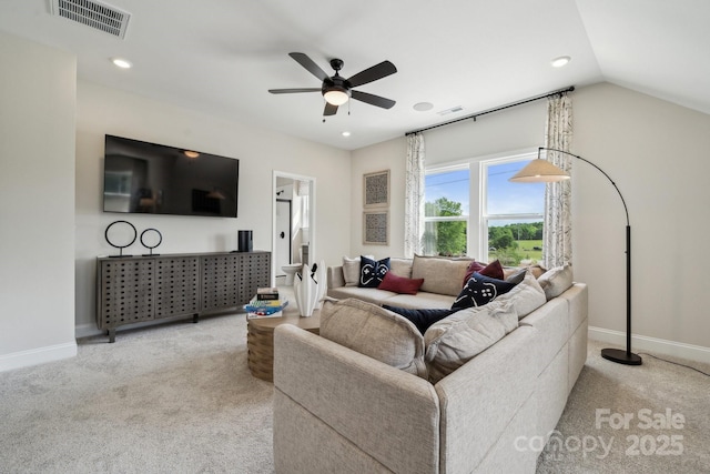 18129 Sulton Ter, Huntersville, NC 28078 - living area featuring a ceiling fan, carpet floors, baseboards, recessed lighting, and vaulted ceiling