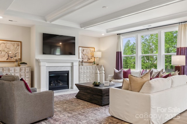 18129 Sulton Ter, Huntersville, NC 28078 - living area with beamed ceiling, a fireplace, and recessed lighting