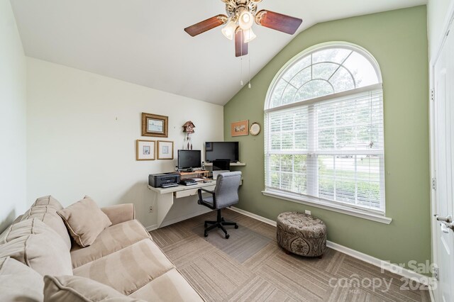 199 Ashmont Dr, Kannapolis, NC 28081 - office area featuring lofted ceiling, plenty of natural light, a ceiling fan, and baseboards