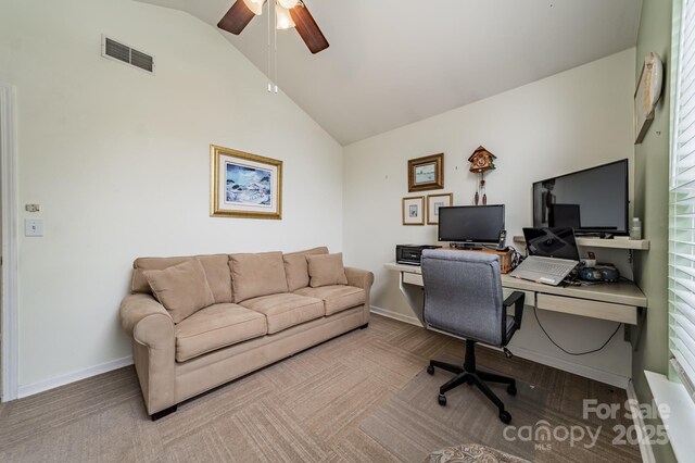 199 Ashmont Dr, Kannapolis, NC 28081 - office space featuring lofted ceiling, a ceiling fan, carpet, and baseboards