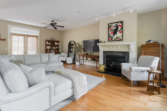 4 Fitzgerald Rd, Black Mountain, NC 28711 - living area with a ceiling fan, wood finished floors, a premium fireplace, and rail lighting