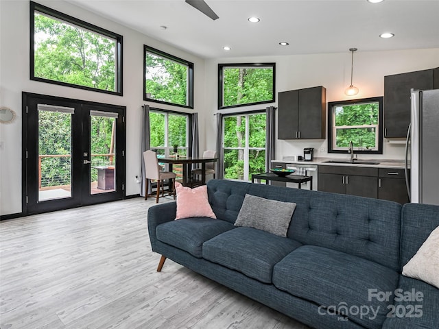 421 Sand Hill Rd, Asheville, NC 28806 - living room with french doors, plenty of natural light, light wood-style flooring, recessed lighting, and a high ceiling