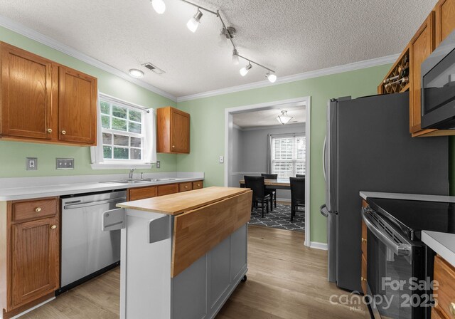 8808 Palmutum Pl, Charlotte, NC 28269 - kitchen with stainless steel appliances, a sink, plenty of natural light, light wood-type flooring, and crown molding
