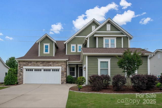1244 Weir Ct, Fort Mill, SC 29708 - craftsman-style house featuring concrete driveway, roof with shingles, a front lawn, and stone siding