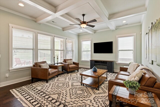 1244 Weir Ct, Fort Mill, SC 29708 - living room featuring coffered ceiling, wood-type flooring, a ceiling fan, baseboards, and beamed ceiling