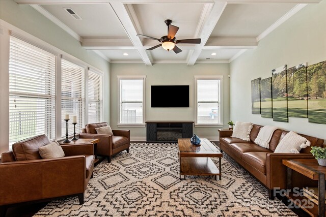1244 Weir Ct, Fort Mill, SC 29708 - living area with beam ceiling, a ceiling fan, plenty of natural light, coffered ceiling, and baseboards