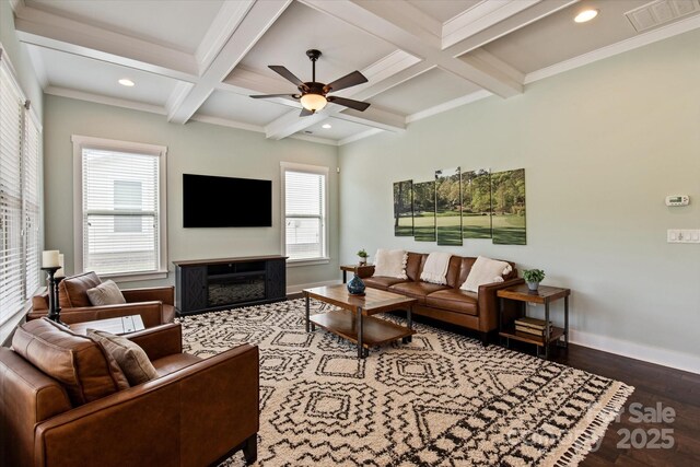 1244 Weir Ct, Fort Mill, SC 29708 - living area with wood finished floors, beamed ceiling, coffered ceiling, ceiling fan, and baseboards
