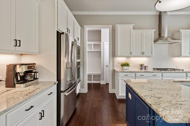 1244 Weir Ct, Fort Mill, SC 29708 - kitchen featuring appliances with stainless steel finishes, wall chimney range hood, white cabinetry, dark wood-type flooring, and backsplash