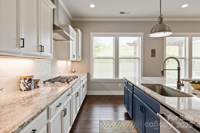 1244 Weir Ct, Fort Mill, SC 29708 - kitchen featuring appliances with stainless steel finishes, blue cabinetry, a sink, plenty of natural light, and crown molding