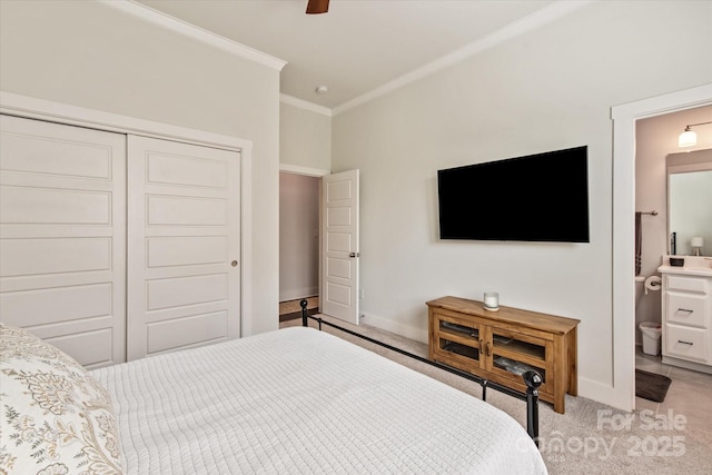 1244 Weir Ct, Fort Mill, SC 29708 - bedroom featuring light colored carpet, crown molding, a closet, baseboards, and a ceiling fan