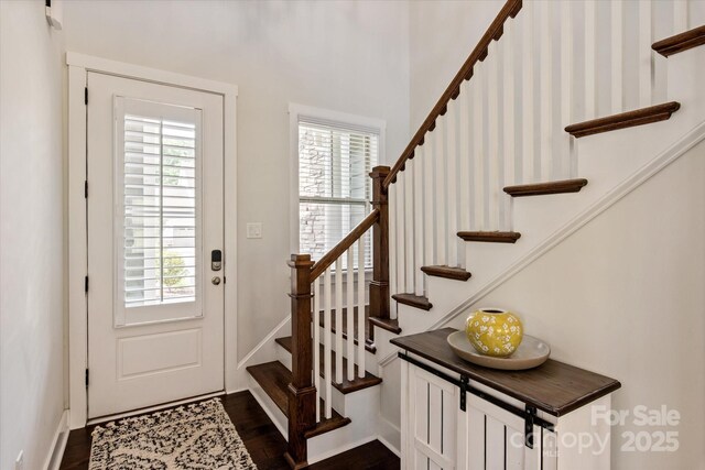 1244 Weir Ct, Fort Mill, SC 29708 - entryway featuring dark wood-style floors, stairs, and baseboards