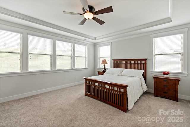 1244 Weir Ct, Fort Mill, SC 29708 - bedroom featuring a raised ceiling, light carpet, baseboards, and ceiling fan