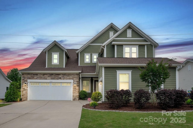 1244 Weir Ct, Fort Mill, SC 29708 - view of front of home with concrete driveway, a shingled roof, stone siding, and a front yard