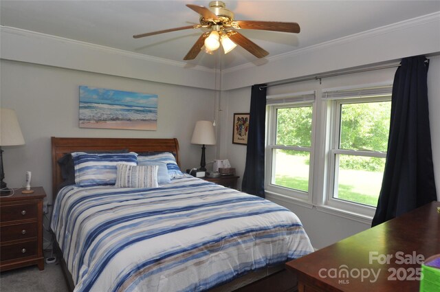 3505 Valley Dr, Chester, SC 29706 - carpeted bedroom featuring crown molding and a ceiling fan